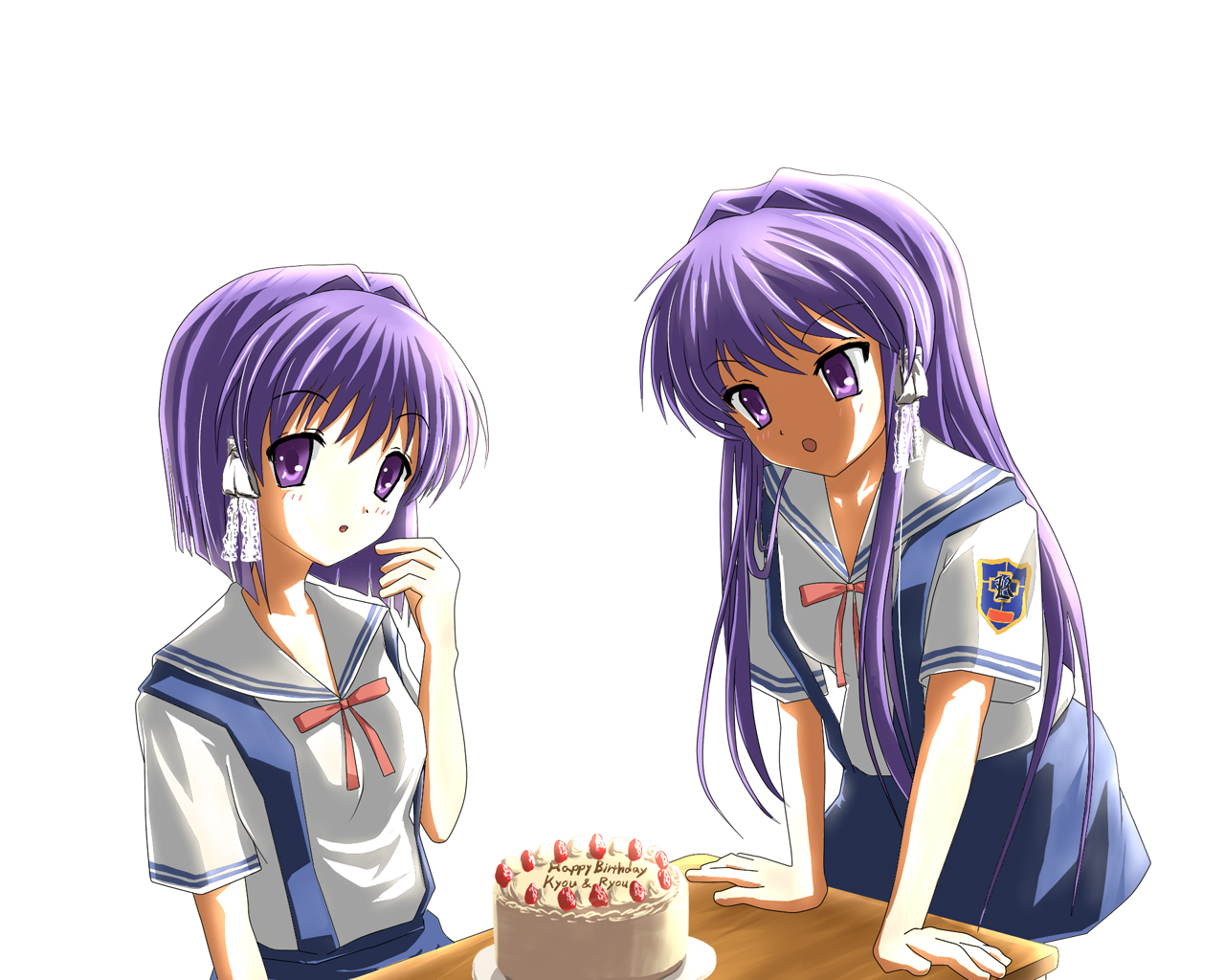 kuroi hitsuji, fujibayashi kyou, fujibayashi ryou, clannad, bad id, bad pixiv id, 00s, 2girls, cake, food, long hair, multiple girls, pastry, purple eyes, purple hair, school uniform, serafuku, short hair, siblings, sisters, twins