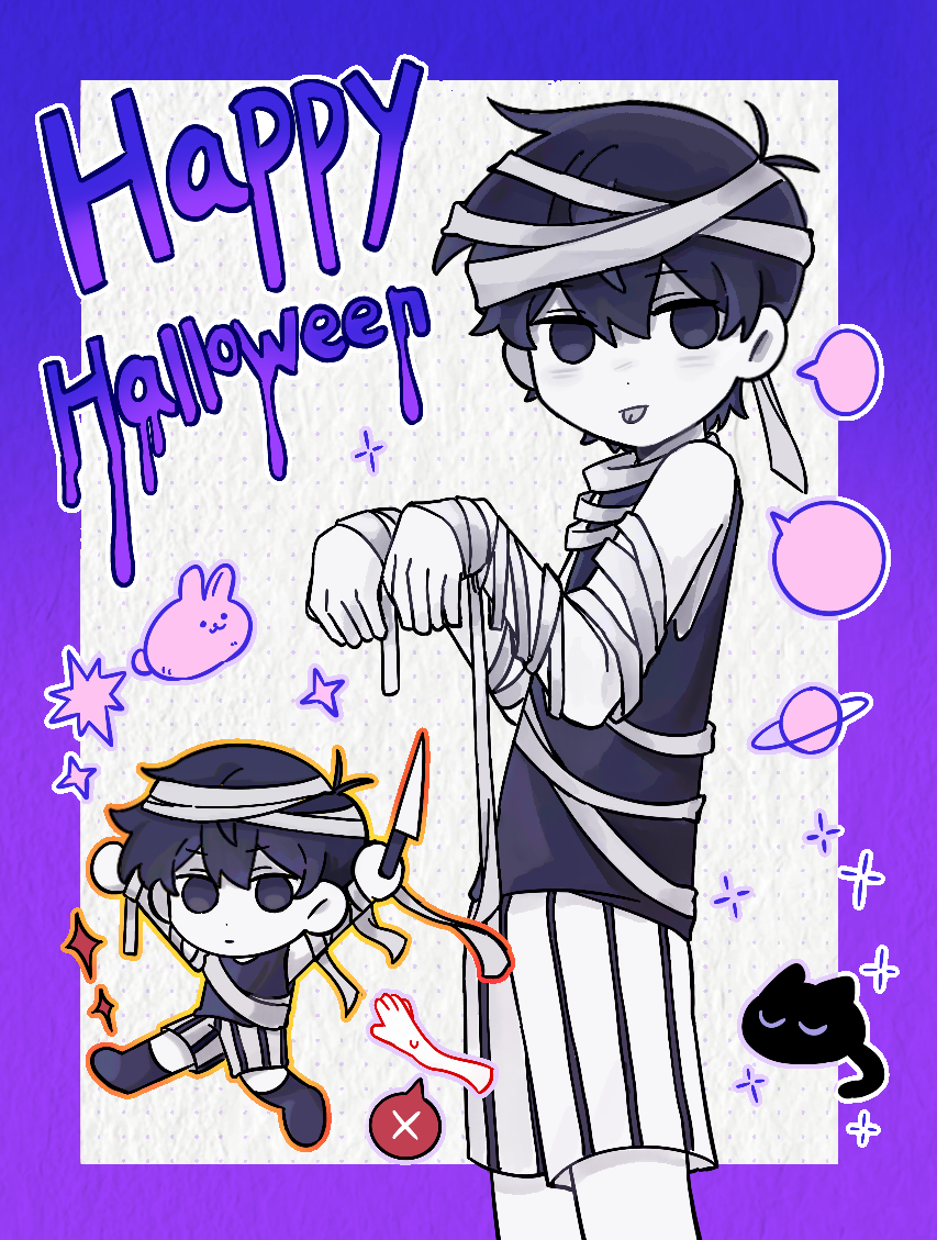 gongs0313, forest bunny (omori), mewo, omori (omori), omori, chinese commentary, commentary request, 1boy, animal, antenna hair, bare arms, bare shoulders, black cat, black eyes, black hair, black shorts, black socks, black tank top, blank speech bubble, border, cat, chibi, chibi inset, closed eyes, closed mouth, colored skin, dot nose, double-parted bangs, empty eyes, expressionless, grey tongue, hair behind ear, hair between eyes, halloween costume, hands up, happy halloween, holding, holding knife, jitome, kneehighs, knife, looking at viewer, male focus, mummy costume, no pupils, no shoes, outline, outside border, purple border, rabbit, self cosplay, short hair, shorts, simple background, socks, solo, speech bubble, spoken x, striped clothes, striped shorts, sweatdrop, tank top, tongue, tongue out, two-tone shorts, u u, vertical-striped clothes, vertical-striped shorts, very short hair, walking, white background, white outline, white rabbit (animal), white shorts, white skin, yellow outline