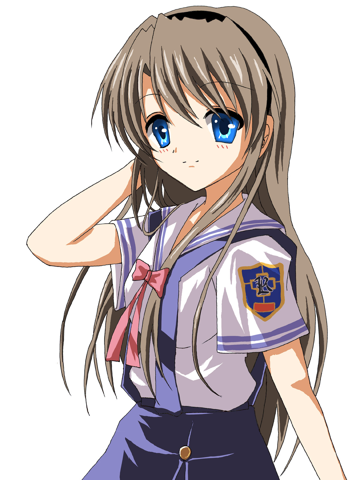 kuroi hitsuji, sakagami tomoyo, clannad, bad id, bad pixiv id, highres, 00s, blue eyes, brown hair, hairband, long hair, school uniform, serafuku, solo