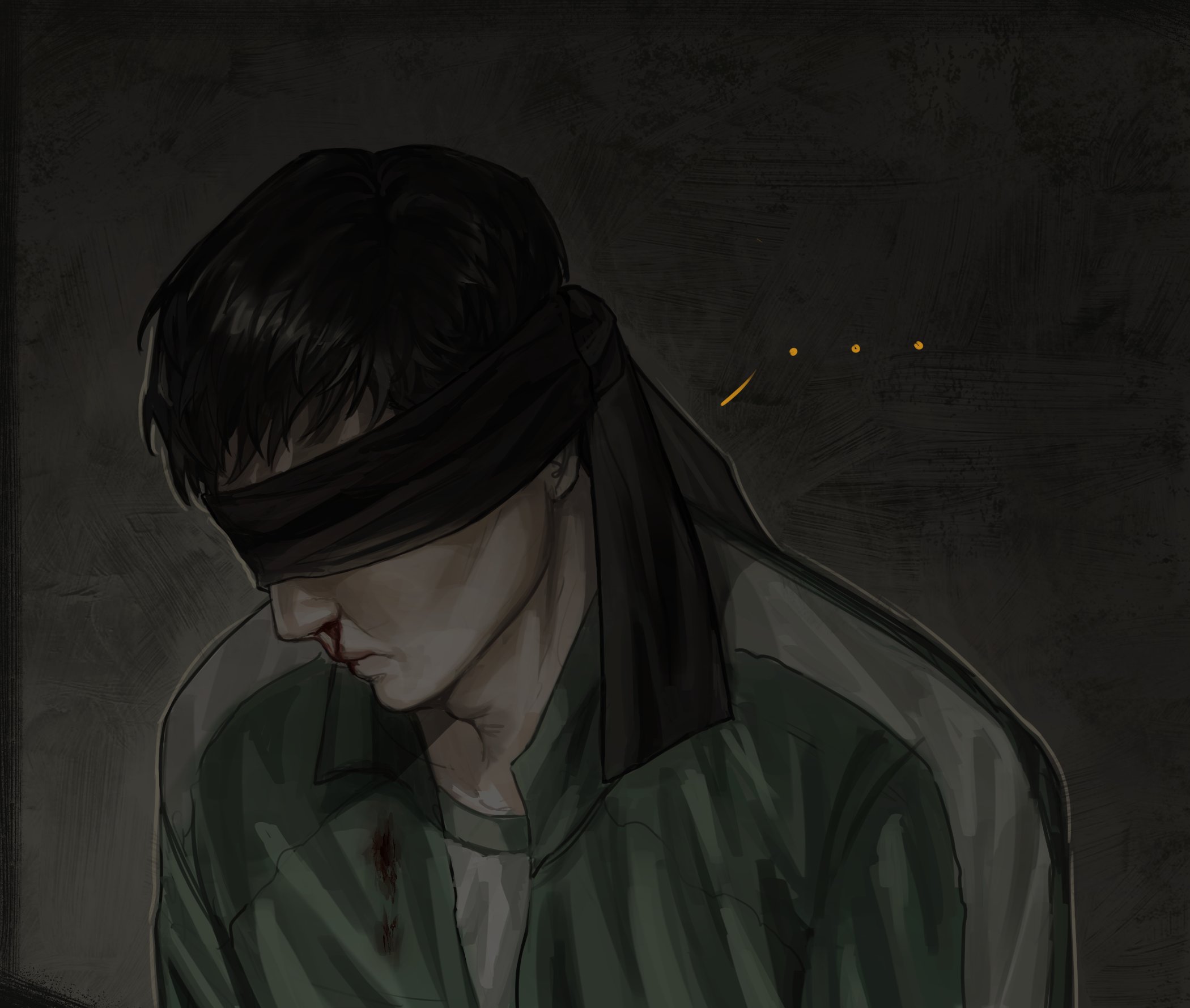 seong gi-hun, squid game, highres, …, 1boy, agremur, bandana, black hair, blood, covered eyes, dark, head down, male focus, nosebleed, shirt, short hair, solo, spoken ellipsis, striped clothes, track suit, white shirt