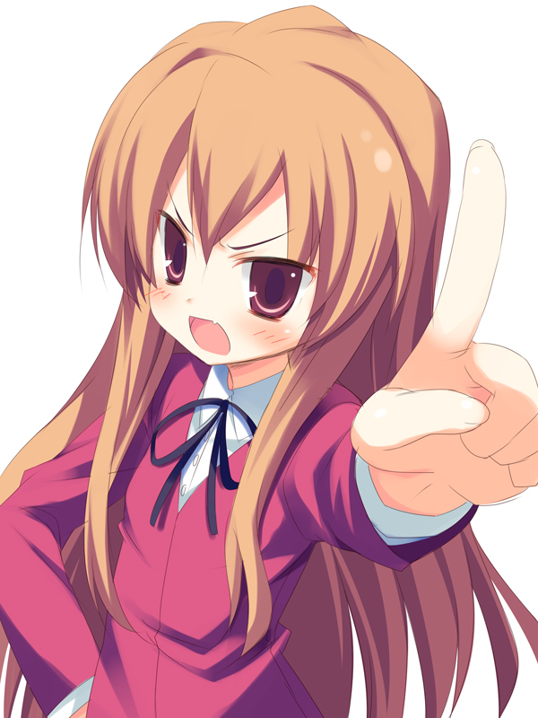meito (maze), aisaka taiga, toradora!, 00s, 1girl, blush, brown eyes, brown hair, fang, female focus, long hair, school uniform, serafuku, simple background, solo