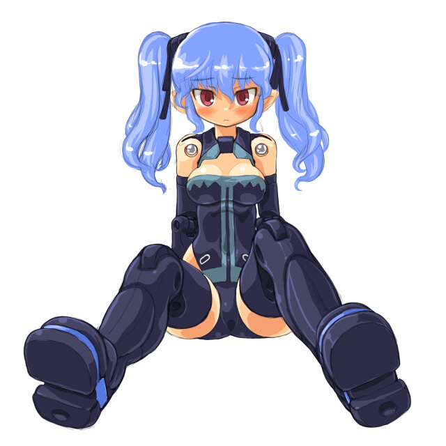 dd (ijigendd), valona, busou shinki, bad id, bad pixiv id, 10s, 1girl, bare shoulders, black boots, black gloves, black thighhighs, blue hair, blush, boots, breasts, cleavage, cleavage cutout, clothing cutout, doll joints, elbow gloves, female focus, foreshortening, gloves, hair ribbon, highleg, highleg leotard, joints, leotard, long hair, pointy ears, red eyes, ribbon, sidelocks, simple background, sitting, small breasts, solo, thigh boots, thighhighs, twintails, varona, wavy hair, white background