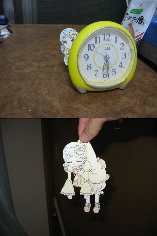 sakurasaka tsuchiyu, kanaria, rozen maiden, bad id, bad pixiv id, papercraft (medium), photo (medium), unconventional media, 00s, 1girl, caught, clock, dress, green hair, hiding, paper child