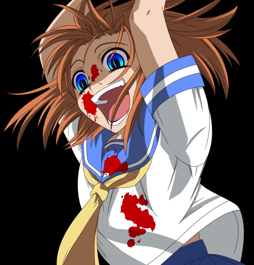 rindou (awoshakushi), ryukishi07, ryuuguu rena, higurashi no naku koro ni, no naku koro ni (series), 00s, blood, blood splatter, blue eyes, crazy eyes, crazy laugh, orange hair, school uniform, serafuku, slit pupils, solo, yandere
