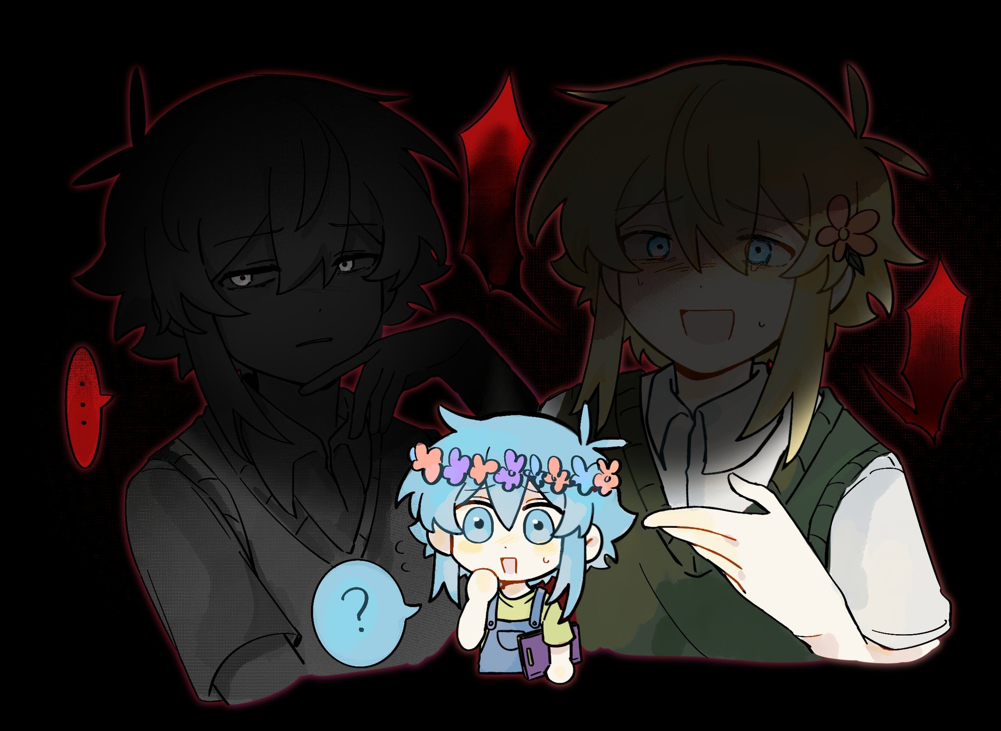 gongs0313, basil (faraway) (omori), basil (headspace) (omori), basil (omori), stranger (omori), omori, highres, …, 3boys, :d, ?, antenna hair, black background, black hair, black skin, blonde hair, blue eyes, blue flower, blue hair, blue overalls, book, chibi, chibi inset, collared shirt, colored skin, cropped torso, dark background, double-parted bangs, dual persona, flower, flower wreath, green shirt, green sweater vest, hair between eyes, hair flower, hair ornament, hand on own cheek, hand on own face, hand up, head wreath, holding, holding book, leaf, looking at viewer, male focus, multiple boys, open mouth, outline, overalls, purple flower, red flower, red outline, shaded face, shirt, short hair, short sleeves, sidelocks, simple background, smile, spoken ellipsis, spoken question mark, sweatdrop, sweater vest, white eyes, white hair