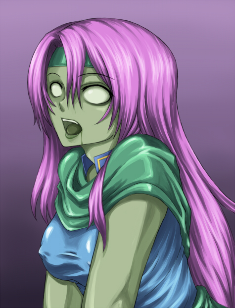 kuroitsuki, faris scherwiz, final fantasy, final fantasy v, 1990s (style), 1girl, breasts, colored skin, covered erect nipples, empty eyes, female focus, gradient background, green skin, monster girl, retro artstyle, saliva, solo, zombie
