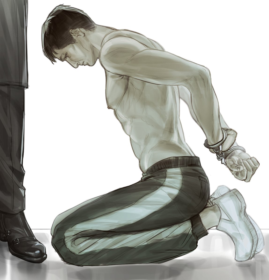 seong gi-hun, squid game, 1boy, 1other, agremur, black hair, bound, bound wrists, cuffs, from side, full body, handcuffs, head down, height difference, hwang in-ho, male focus, muscular, muscular male, nipples, no shirt, pants, pectorals, seiza, short hair, sitting, striped clothes, striped pants, yaoi