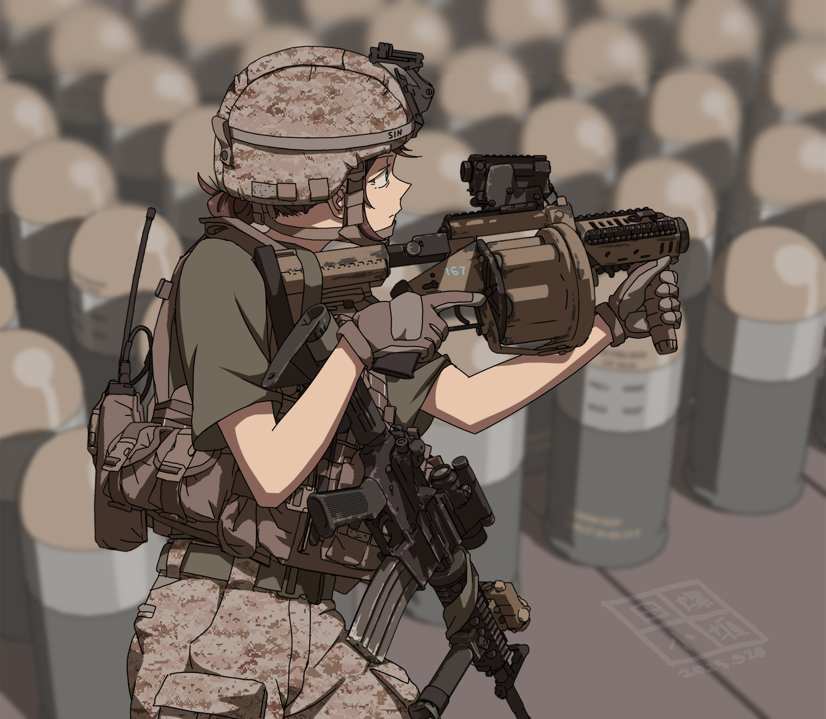 etmc1992, original, chinese commentary, commentary request, highres, 1girl, 40mm grenade, assault rifle, blurry, brown gloves, brown hair, brown helmet, brown pantyhose, bulletproof vest, camouflage, camouflage helmet, camouflage jacket, combat helmet, dated, from side, gloves, green shirt, grenade launcher, gun, helmet, holding, holding gun, holding weapon, jacket, m4 carbine, milkor mgl, pantyhose, pouch, radio, rifle, shirt, solo, t-shirt, trigger discipline, weapon