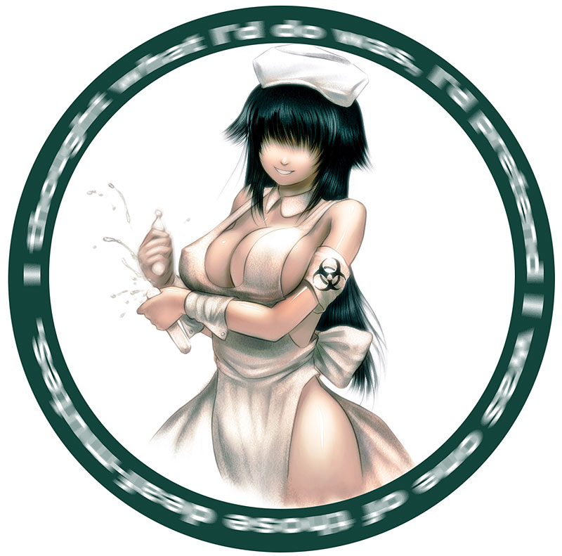 s zenith lee, 3886, ghost in the shell, original, source request, 1girl, apron, breasts, cleavage, female focus, hair over eyes, large breasts, laughing man (gits), motion blur, naked apron, nurse, parody, smile, solo, tupet