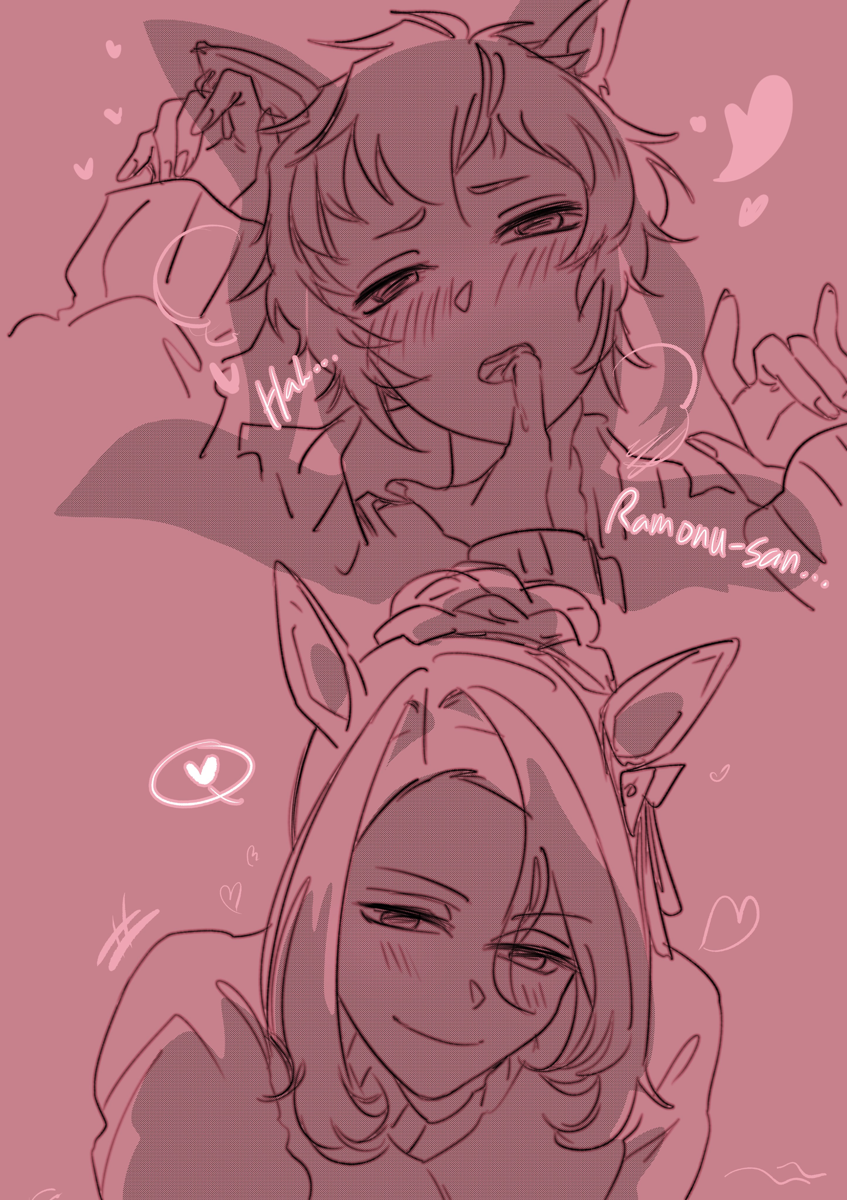 mejiro ramonu (umamusume), mejiro ryan (umamusume), umamusume, absurdres, commentary, english commentary, highres, 2girls, animal ears, blush, closed mouth, finger in another's mouth, heart, horse ears, horse girl, meo3maze, monochrome, multiple girls, saliva, short hair, smile, sweater, yuri