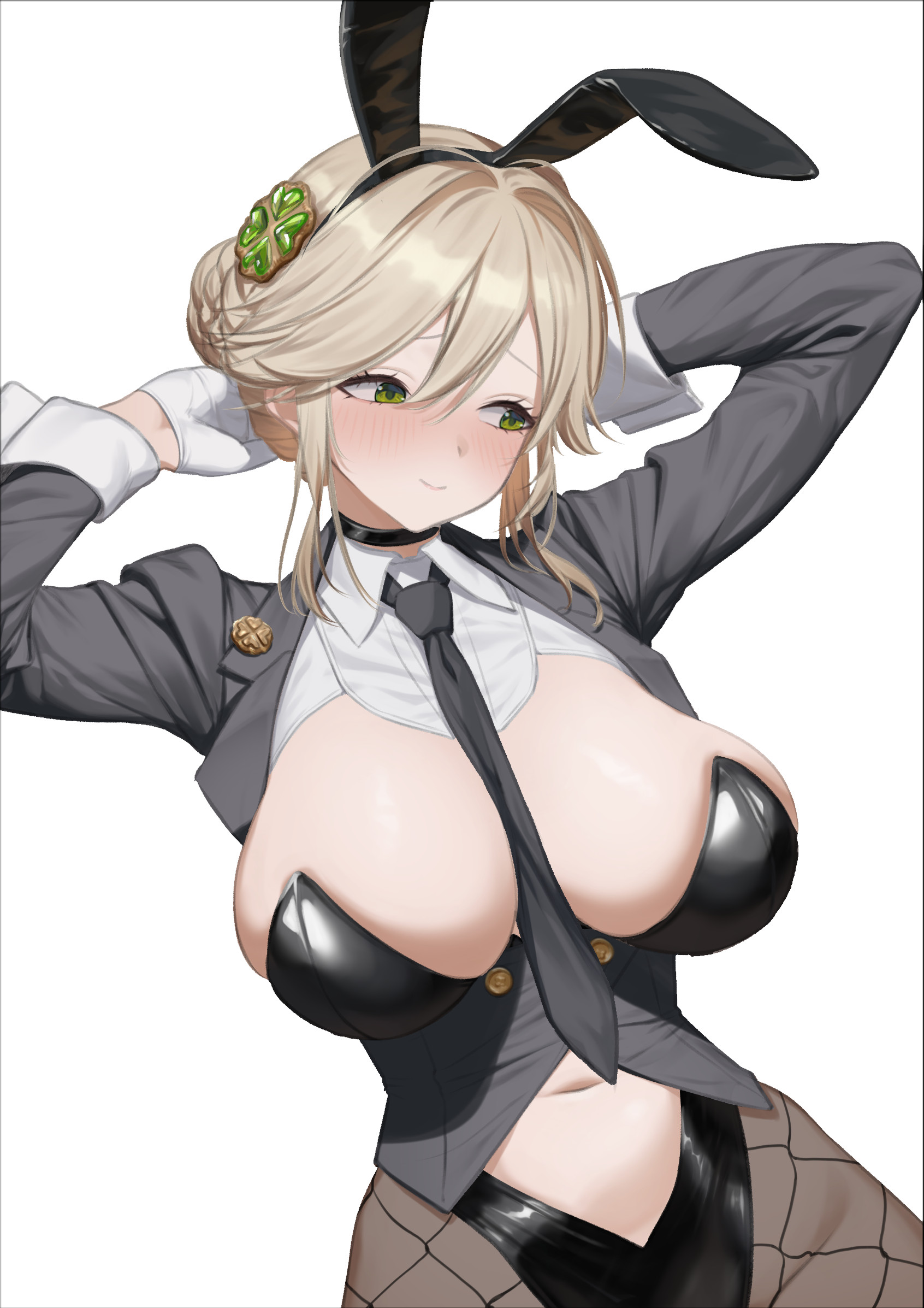 toho (ryu0227ryu0227), ade (agent bunny) (nikke), ade (nikke), goddess of victory: nikke, highres, 1girl, animal ear hairband, animal ears, arms up, between breasts, black choker, black jacket, black leotard, black necktie, blonde hair, blush, braid, breasts, bun with braided base, choker, cleavage, closed mouth, clothing cutout, clover hair ornament, cowboy shot, detached collar, fake animal ears, fishnet pantyhose, fishnets, four-leaf clover hair ornament, gloves, green eyes, hair between eyes, hair intakes, hair ornament, hairband, highleg, highleg leotard, jacket, large breasts, leotard, long sleeves, looking to the side, navel, navel cutout, necktie, necktie between breasts, no eyewear, official alternate costume, pantyhose, playboy bunny, rabbit ear hairband, rabbit ears, sidelocks, simple background, smile, solo, standing, strapless, strapless leotard, swept bangs, undersized breast cup, white background, white gloves, wrist cuffs