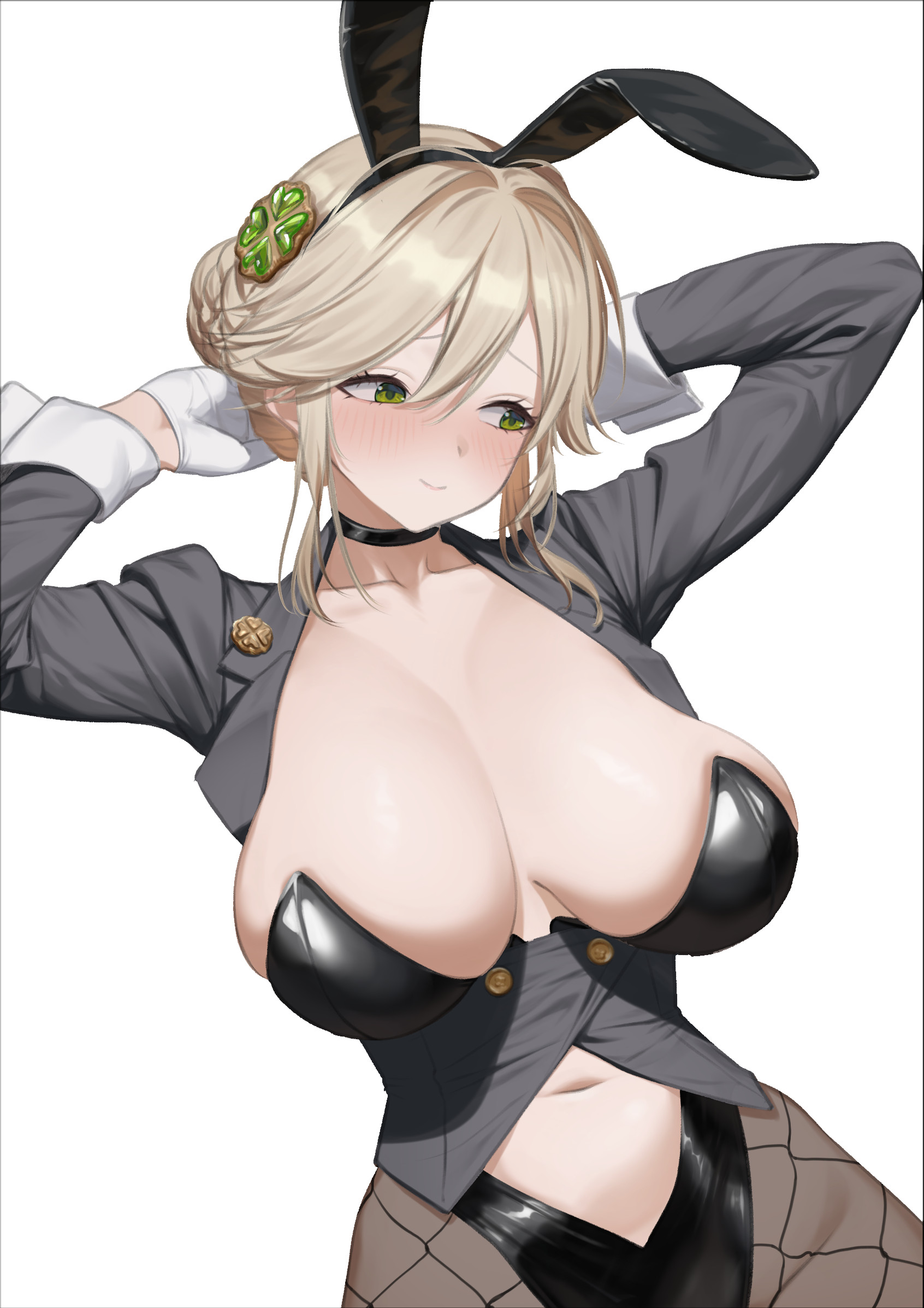 toho (ryu0227ryu0227), ade (agent bunny) (nikke), ade (nikke), goddess of victory: nikke, highres, 1girl, animal ear hairband, animal ears, arms up, black choker, black jacket, black leotard, blonde hair, blush, braid, breasts, bun with braided base, choker, cleavage, closed mouth, clothing cutout, clover hair ornament, collarbone, cowboy shot, fake animal ears, fishnet pantyhose, fishnets, four-leaf clover hair ornament, gloves, green eyes, hair between eyes, hair intakes, hair ornament, hairband, highleg, highleg leotard, jacket, large breasts, leotard, long sleeves, looking to the side, navel, navel cutout, no eyewear, official alternate costume, pantyhose, playboy bunny, rabbit ear hairband, rabbit ears, sidelocks, simple background, smile, solo, standing, strapless, strapless leotard, swept bangs, undersized breast cup, white background, white gloves, wrist cuffs