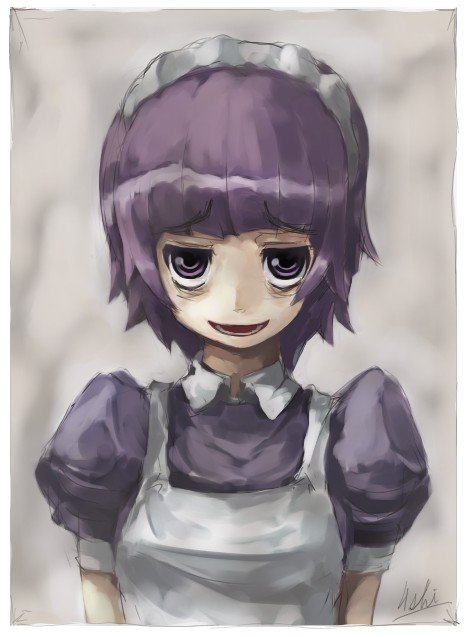 4shi, yakui, futaba channel, nijiura maids, maid, open mouth, purple eyes, purple hair, solo