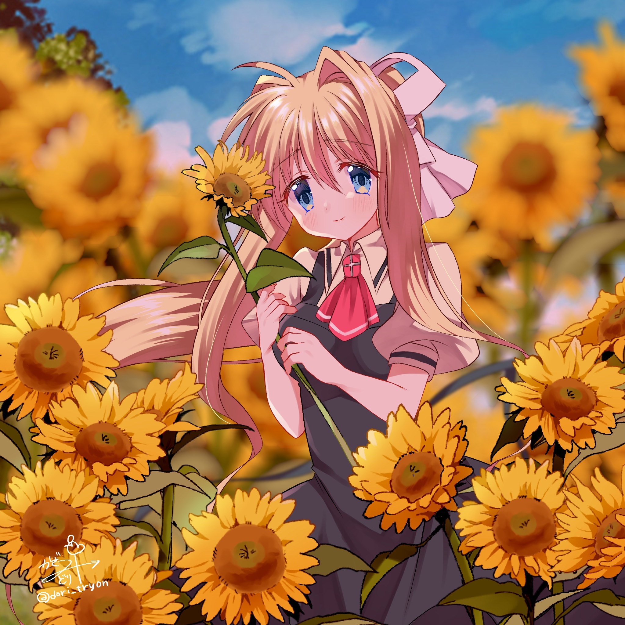 kazemidori, kamio misuzu, air (visual novel), highres, 1girl, ascot, black dress, blonde hair, blue eyes, blurry, blurry background, blush, closed mouth, dress, field, flower, flower field, hair between eyes, hair ribbon, holding, holding flower, long hair, looking at viewer, ponytail, puffy short sleeves, puffy sleeves, red ascot, ribbon, school uniform, short sleeves, sidelocks, single hair intake, smile, solo, sunflower, sunflower field, very long hair, white ribbon