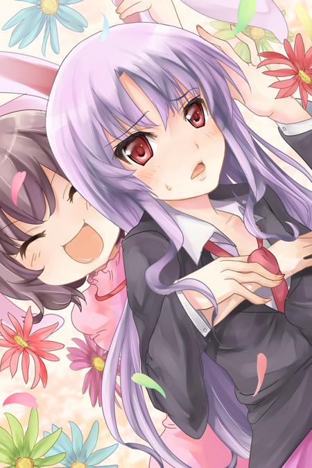 mamepon, inaba tewi, reisen udongein inaba, touhou, bad id, bad pixiv id, 2girls, animal ears, brown hair, female focus, flower, formal clothes, grabbing another's ear, hand on another's ear, long hair, multiple girls, necktie, petals, purple hair, rabbit ears, red eyes, red necktie, short hair, skirt, skirt suit, suit, unbuttoned, you gonna get raped