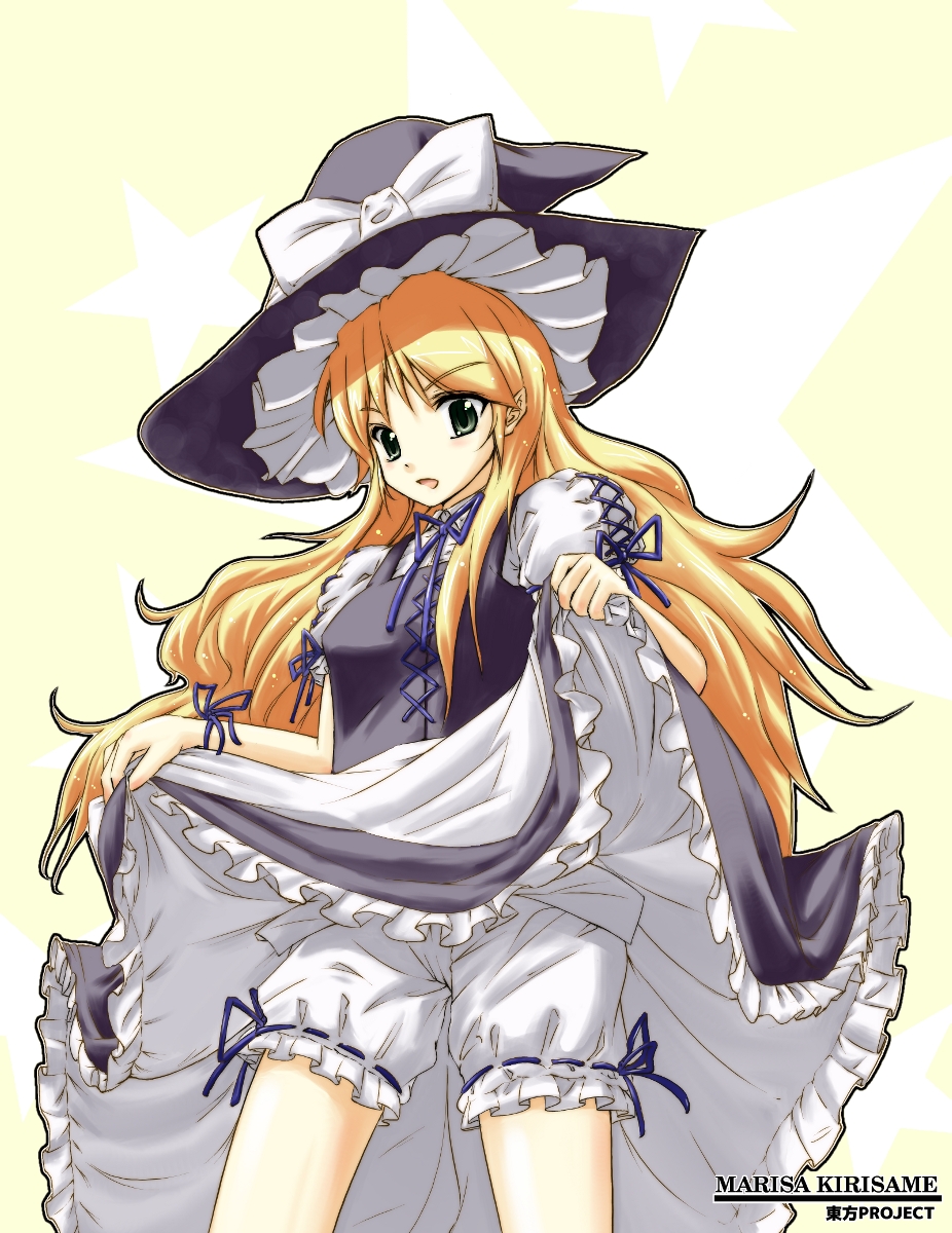 mari mo, kirisame marisa, touhou, highres, 1girl, blonde hair, bloomers, clothes lift, female focus, green eyes, hat, hat ribbon, long hair, ribbon, skirt, skirt lift, solo, underwear, white bloomers, witch, witch hat