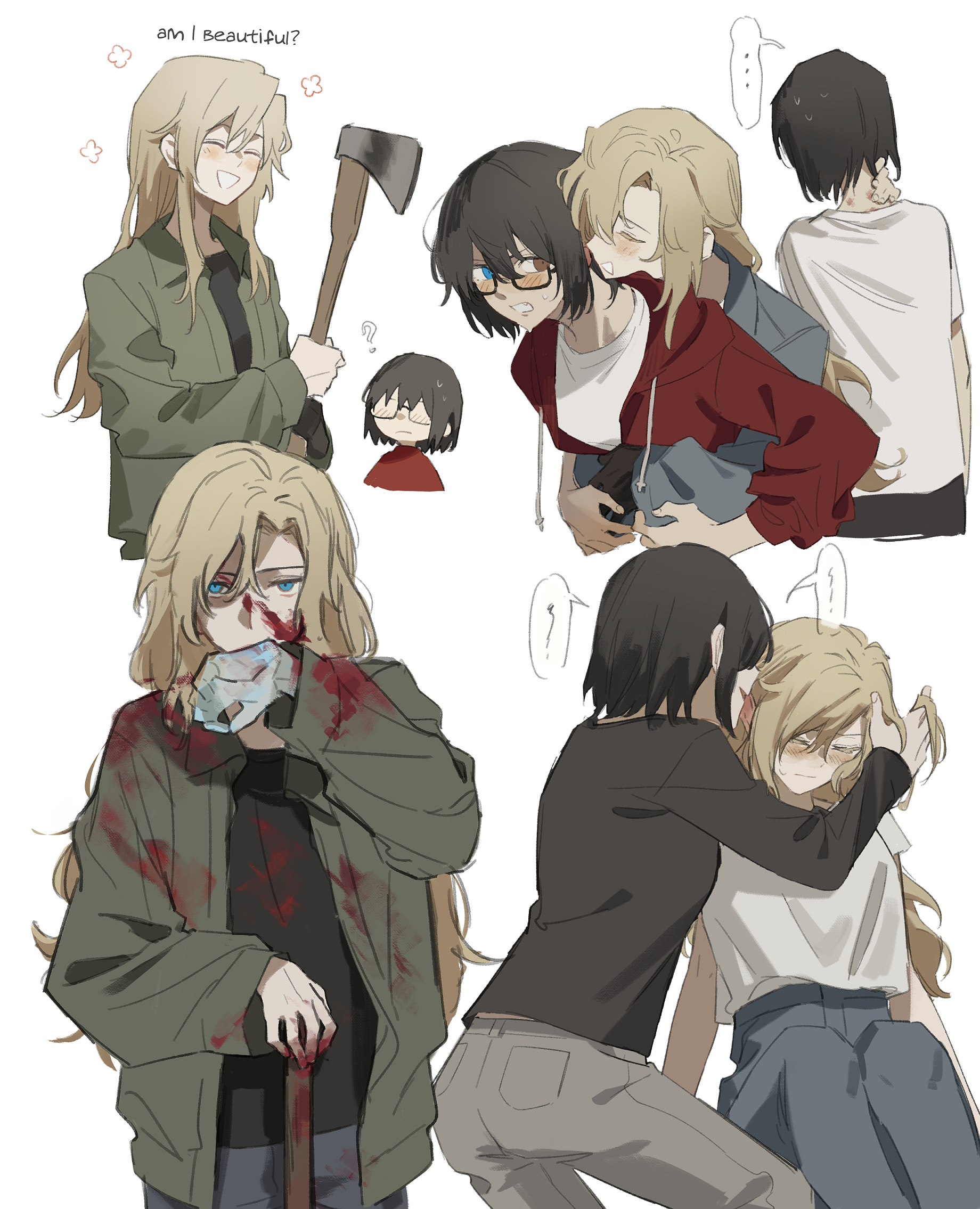 zy (zyyyyyyy9), kamikoshi sorawo, nishina toriko, urasekai picnic, commentary, highres, …, 2girls, ?, black hair, black shirt, blonde hair, blood, blood on clothes, blood on face, blue eyes, blush, brown eyes, closed eyes, closed mouth, denim, fang, glasses, green jacket, grey jacket, grey pants, hand in another's hair, heterochromia, hickey, hood, hoodie, hug, hug from behind, jacket, jeans, long hair, looking at viewer, multiple girls, pants, red hoodie, shirt, short hair, simple background, spoken ellipsis, sweat, transparent hand, whispering, white background, white shirt, yuri