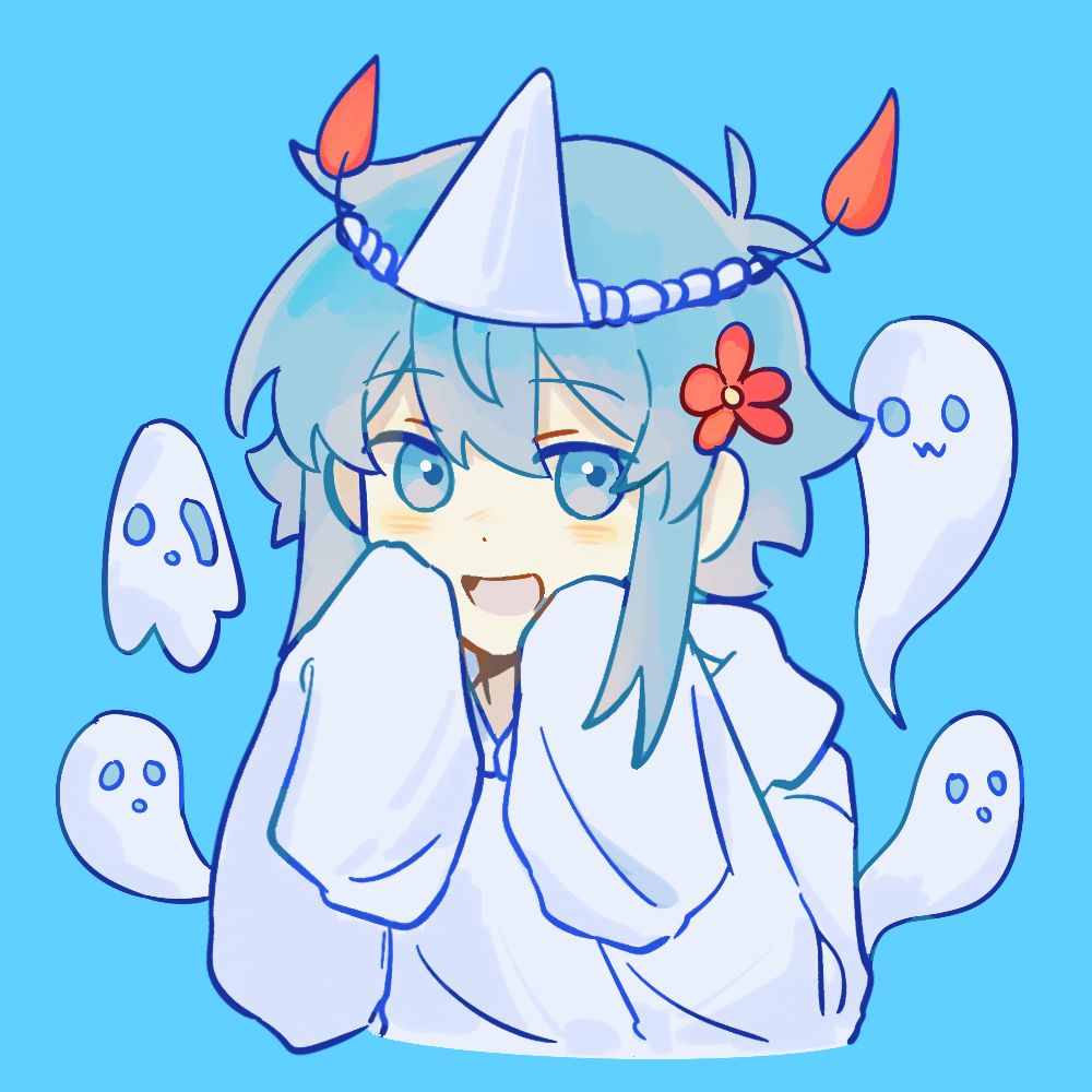 gongs0313, basil (headspace) (omori), basil (omori), omori, 1boy, :d, alternate costume, antenna hair, blue background, blue eyes, blue hair, blush, cropped torso, dot nose, double-parted bangs, flower, ghost, ghost costume, hair between eyes, hair flower, hair ornament, hood, hood down, hoodie, long sleeves, looking at viewer, male focus, open mouth, red flower, short hair, sidelocks, simple background, sleeves past fingers, sleeves past wrists, smile, solo, tongue, triangular headpiece, white hoodie