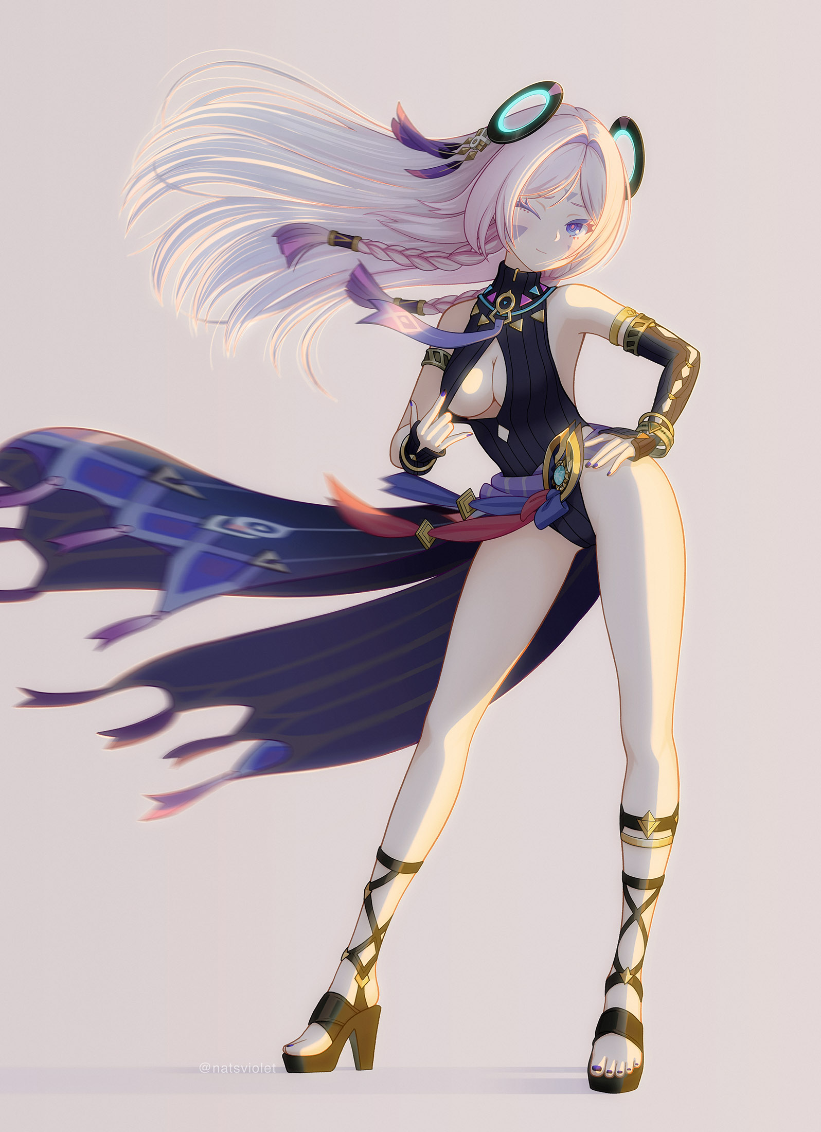 minamoto natsuki, citlali (genshin impact), genshin impact, commentary request, highres, 1girl, backless leotard, bare shoulders, black leotard, blue eyes, bracelet, braid, breasts, cleavage, cleavage cutout, closed mouth, clothing cutout, contrapposto, cryo symbol (genshin impact), detached sleeves, facial mark, forehead mark, full body, hair intakes, hand on own hip, head tilt, high heels, jewelry, leotard, long hair, looking at viewer, medium breasts, nail polish, one eye closed, pink hair, pink pupils, purple nails, simple background, solo, toenail polish, toenails, triangle, triangle facial mark, twin braids, twitter username, vision (genshin impact), wind