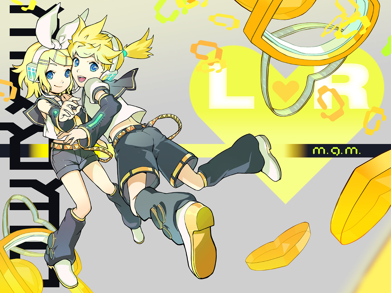 119, 1ten, kagamine len, kagamine rin, vocaloid, 1boy, 1girl, blonde hair, blue eyes, brother and sister, detached sleeves, hair ribbon, headphones, ribbon, short hair, shorts, siblings, smile, twins