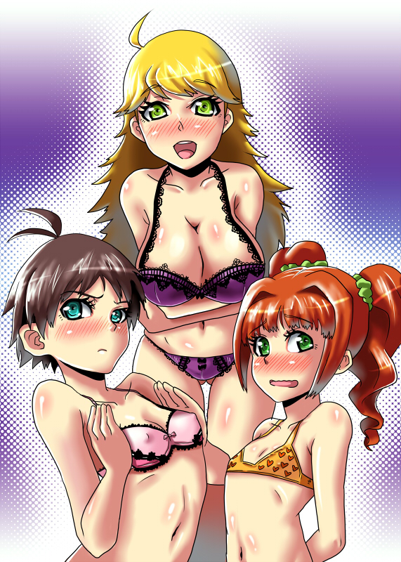 yokkora, hoshii miki, kikuchi makoto, takatsuki yayoi, idolmaster, idolmaster (classic), idolmaster 1, bad id, bad pixiv id, 00s, 3girls, ahoge, antenna hair, bikini, blonde hair, blush, bra, breasts, brown hair, cleavage, covered erect nipples, flat chest, large breasts, lingerie, long hair, multiple girls, orange hair, panties, red hair, short hair, swimsuit, twintails, underwear, underwear only