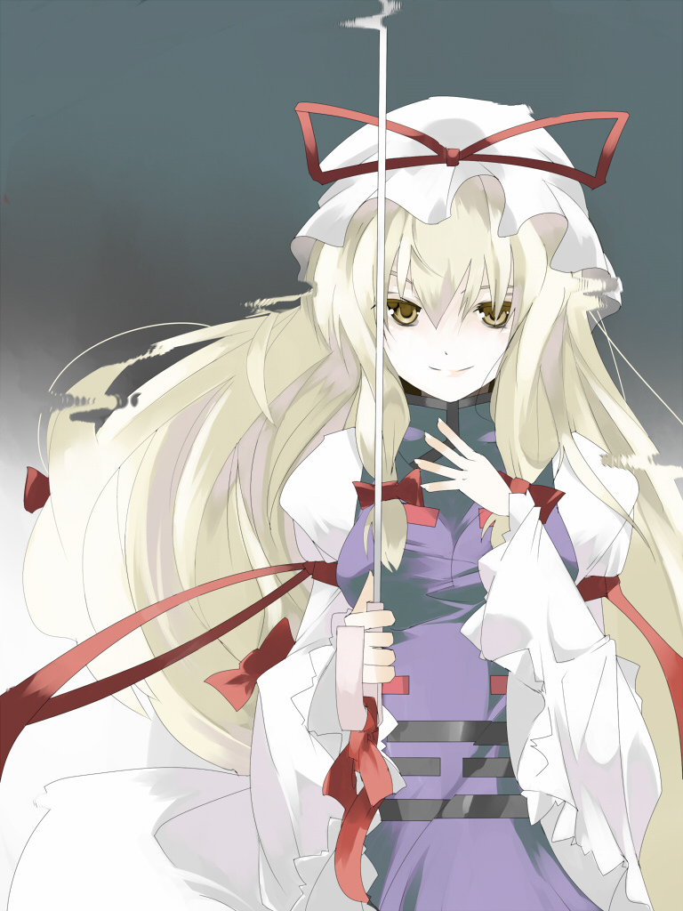 blaze (blazeillust), yakumo yukari, touhou, bad id, bad pixiv id, 1girl, blonde hair, bow, dress, female focus, gradient background, hair ribbon, hat, hat ribbon, long hair, parasol, ribbon, solo, umbrella, white background, yellow eyes