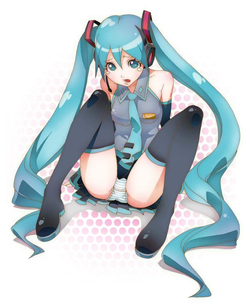 masyu, hatsune miku, vocaloid, bad id, bad pixiv id, 1girl, aqua hair, female focus, long hair, panties, pantyshot, socks, solo, striped clothes, striped panties, tears, thighhighs, twintails, underwear, very long hair