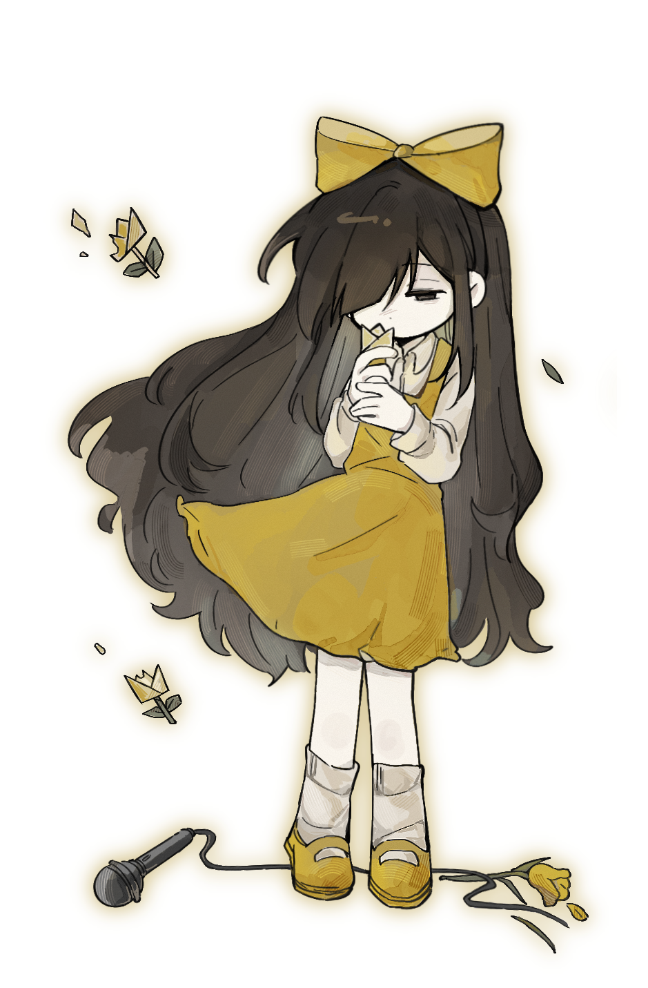 gongs0313, du meishin, devotion, highres, 1girl, black eyes, black hair, bow, damaged, flower, full body, hair bow, hair over one eye, holding, holding flower, long hair, microphone, origami, paper flower, shoes, simple background, socks, solo, tulip, white socks, yellow bow, yellow flower, yellow shoes, yellow tulip