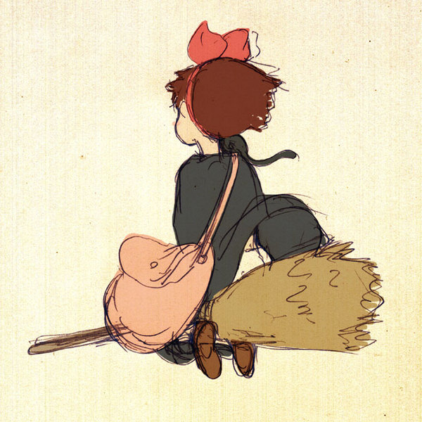 jiji (majo no takkyuubin), kiki (majo no takkyuubin), majo no takkyuubin, studio ghibli, 1980s (style), black cat, bow, broom, broom riding, cat, hair bow, panties, pantyshot, retro artstyle, underwear