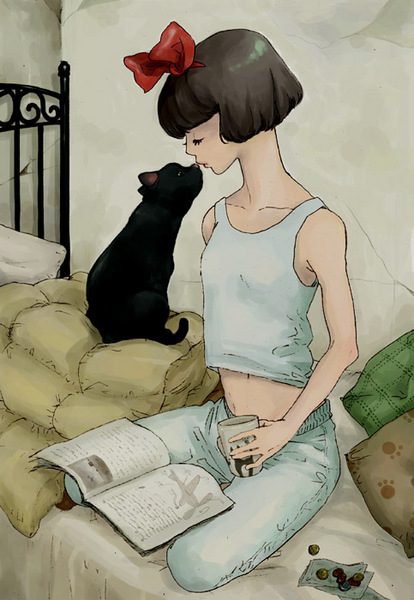 renton (guero), jiji (majo no takkyuubin), kiki (majo no takkyuubin), majo no takkyuubin, studio ghibli, 1980s (style), non-web source, 1girl, bed, black cat, book, bow, cat, female focus, hair bow, money, oldschool, retro artstyle, solo