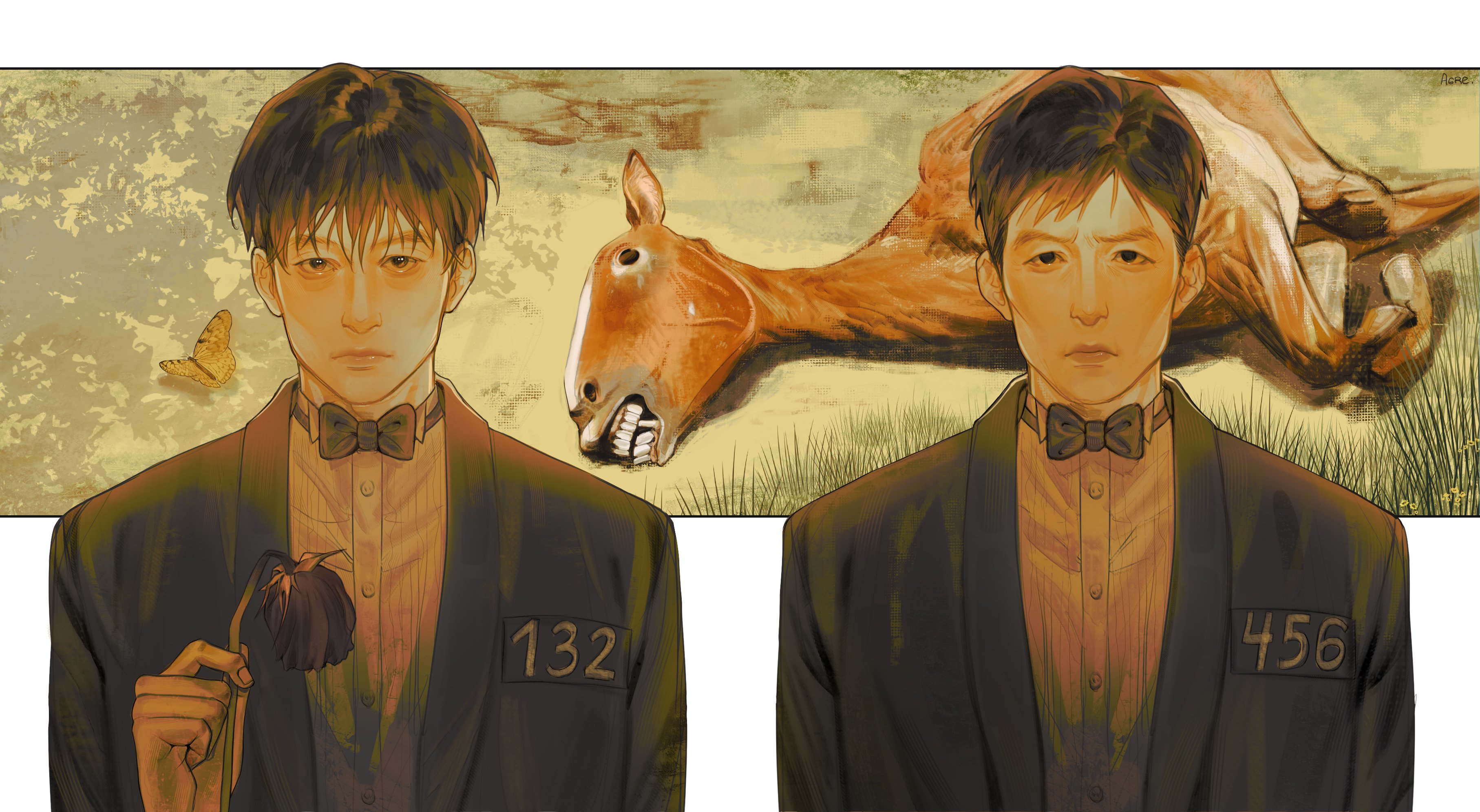seong gi-hun, squid game, absurdres, highres, 2boys, agremur, animal, black eyes, black hair, bug, butterfly, clenched teeth, clothes writing, crying, curled up, dead animal, flower, grass, hand up, holding, holding flower, horse, hwang in-ho, insect, letterboxed, looking at viewer, male focus, matching outfits, multiple boys, outside border, sepia, shirt, short hair, teeth, tulip, upper body, white shirt, wilted flower, wilting