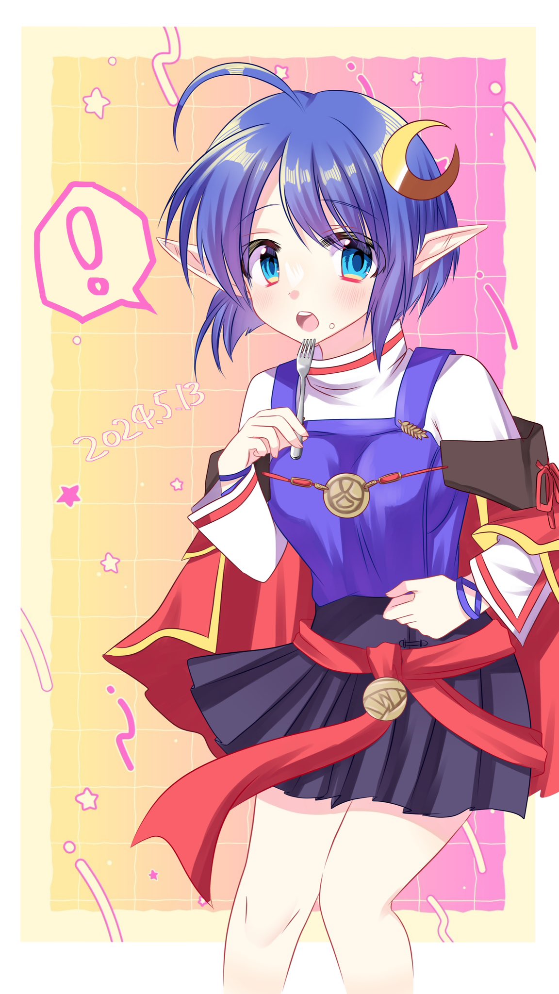 kazemidori, rena lanford, star ocean, star ocean: the second story, highres, !, 1girl, :o, ahoge, black skirt, blue eyes, blue hair, blue shirt, blush, cape, crescent, crescent hair ornament, dated, food, food on face, fork, hair ornament, holding, holding fork, looking at viewer, open mouth, pleated skirt, pointy ears, red cape, shirt, short hair, skirt, solo, spoken exclamation mark, undershirt