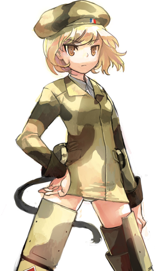 chiizu sakiika, bad id, bad pixiv id, beret, camouflage, cat tail, france, hat, mecha musume, military, military uniform, solo, tail