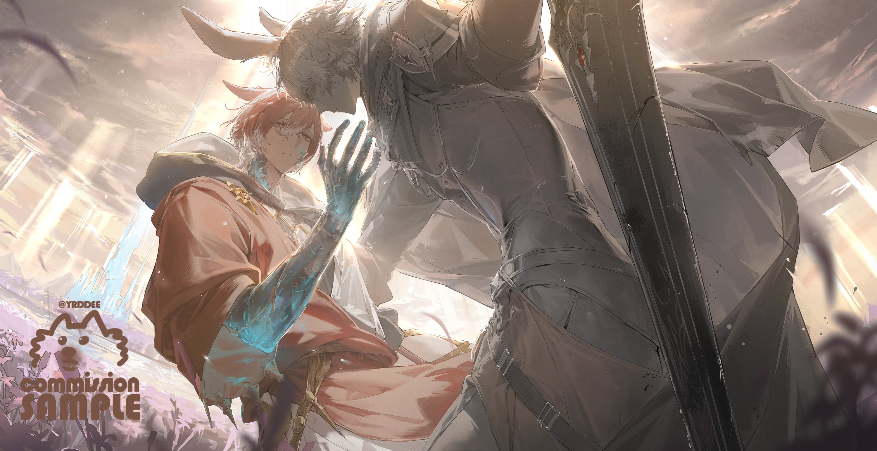 yrdd, crystal exarch, g'raha tia, warrior of light (ff14), final fantasy, final fantasy xiv, commission, highres, 2boys, animal ears, cape, cat ears, cloud, cowboy shot, crack, cracked sword, crystal, crystallization, eye contact, from below, greatsword, hand up, hood, hood down, hooded robe, jacket, light rays, looking at another, male focus, material growth, miqo'te, multiple boys, outdoors, overcast, rabbit ears, red eyes, red hair, red robe, robe, sample watermark, short hair, sky, sunbeam, sunlight, sword, viera, watermark, weapon, white cape, white hair, white jacket