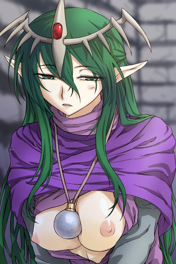 michael f91, nagi (fire emblem), fire emblem, fire emblem: mystery of the emblem, fire emblem: shadow dragon, nintendo, 1girl, breasts, circlet, female focus, green eyes, green hair, headdress, jewelry, long hair, matching hair/eyes, necklace, nipples, open clothes, open shirt, pointy ears, shirt, solo