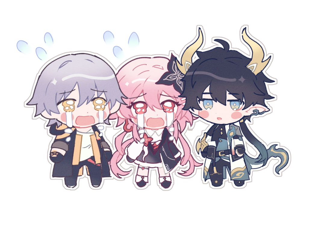 mokufuwa nnshi, caelus (honkai: star rail), dan heng (honkai: star rail), dan heng (permansor terrae) (honkai: star rail), evernight (honkai: star rail), march 7th (honkai: star rail), trailblazer (honkai: star rail), honkai: star rail, honkai (series), 1girl, 2boys, black boots, black coat, black dress, black flower, black gloves, black hair, black pants, black shirt, black shoes, blue eyes, blue hair, blush stickers, boots, bright pupils, chibi, chibi only, coat, collared dress, crying, crying with eyes open, diamond-shaped pupils, diamond (shape), dragon boy, dragon horns, dragon tail, dress, earclip, earrings, eyeliner, flower, full body, gauntlets, gloves, gradient hair, grey hair, hair between eyes, hair flower, hair ornament, hood, hooded coat, horns, jewelry, long hair, long sleeves, looking at another, looking at viewer, low ponytail, low twintails, makeup, multicolored eyes, multicolored hair, multiple boys, official alternate costume, official alternate hairstyle, open clothes, open coat, open mouth, pants, pink hair, pointy ears, ponytail, red eyeliner, red eyes, sad, shirt, shoes, short hair, simple background, single earring, standing, streaming tears, symbol-shaped pupils, t-shirt, tail, tears, twintails, two-sided coat, two-sided fabric, two-tone dress, very long hair, wavy hair, white background, white coat, white dress, white pupils, white shirt, yellow coat, yellow eyes