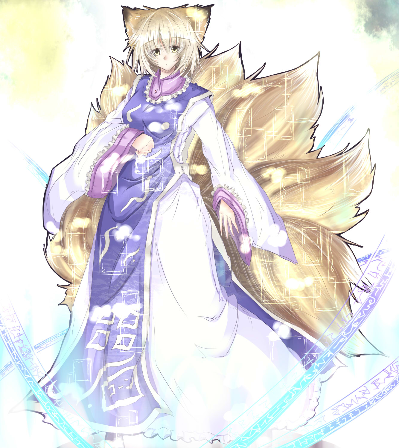 homura bi, yakumo ran, touhou, bad id, bad pixiv id, highres, 1girl, animal ears, blonde hair, female focus, fox ears, fox tail, hat, kitsune, kyuubi, long sleeves, multiple tails, no headwear, solo, tail, wide sleeves, yellow eyes