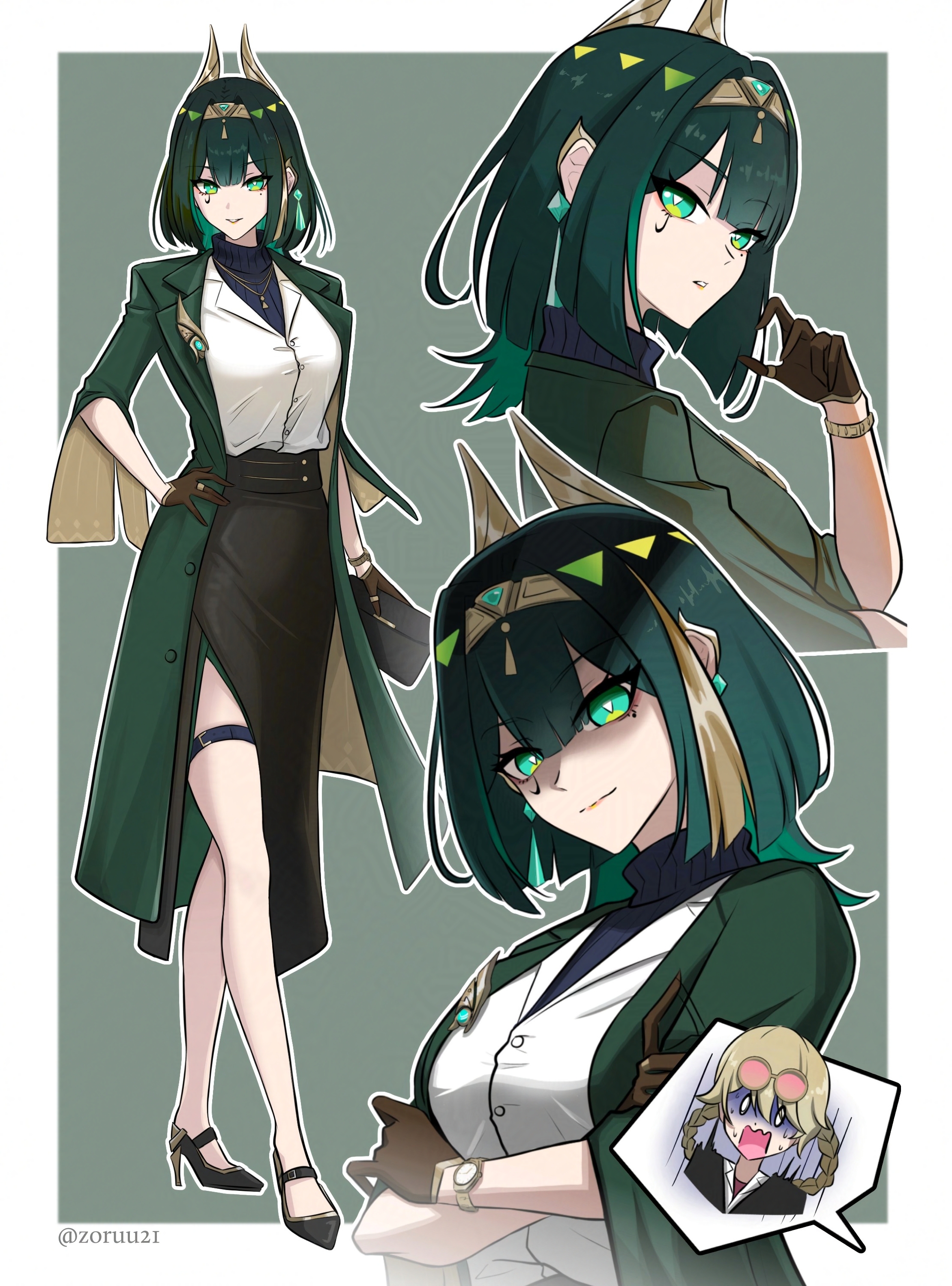 zoruu21, jahoda (genshin impact), nefer (genshin impact), genshin impact, absurdres, commentary, english commentary, highres, 2girls, arms under breasts, bag, black bag, black gloves, black shoes, black skirt, breasts, closed mouth, dress shirt, full body, gloves, green eyes, green hair, green jacket, hand on own hip, handbag, high heels, holding, holding bag, jacket, lapels, looking at viewer, multiple girls, multiple views, notched lapels, out of frame, parted lips, shirt, shoes, skirt, standing, symbol-shaped pupils, thigh strap, triangle-shaped pupils, twitter username, white shirt