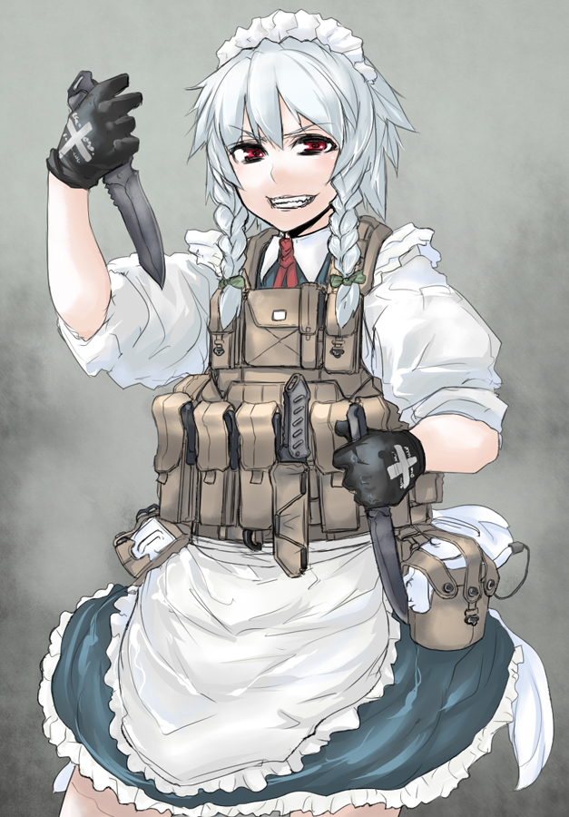 sigama, izayoi sakuya, touhou, silver hair, bad id, bad pixiv id, 1girl, braid, female focus, gloves, gradient background, grin, knife, load bearing vest, maid, military, military operator, red eyes, sleeves rolled up, smile, solo, throwing knife, twin braids, vest, weapon