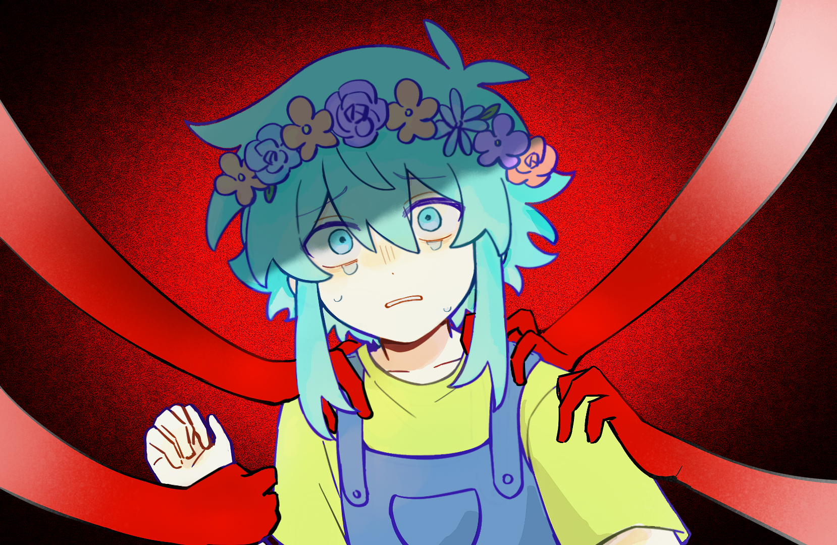 gongs0313, basil (headspace) (omori), basil (omori), omori, chinese commentary, commentary request, highres, 1boy, antenna hair, blue flower, blue overalls, blue rose, buttons, clenched teeth, collarbone, crying, crying with eyes open, double-parted bangs, flower, flower wreath, hair between eyes, hand up, head wreath, leaf, looking at viewer, male focus, overall shorts, overalls, pale skin, pocket, purple flower, purple rose, raised inner eyebrows, red background, red flower, red rose, rose, scene reference, shaded face, shirt, short hair, short sleeves, sidelocks, simple background, solo, tears, teeth, turtleneck, turtleneck shirt, upper body, vignetting, wide-eyed, yellow shirt