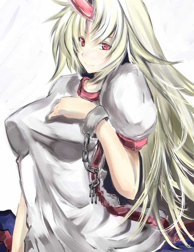 homura bi, hoshiguma yuugi, touhou, bad id, bad pixiv id, 1girl, chain, female focus, horns, long hair, single horn, solo