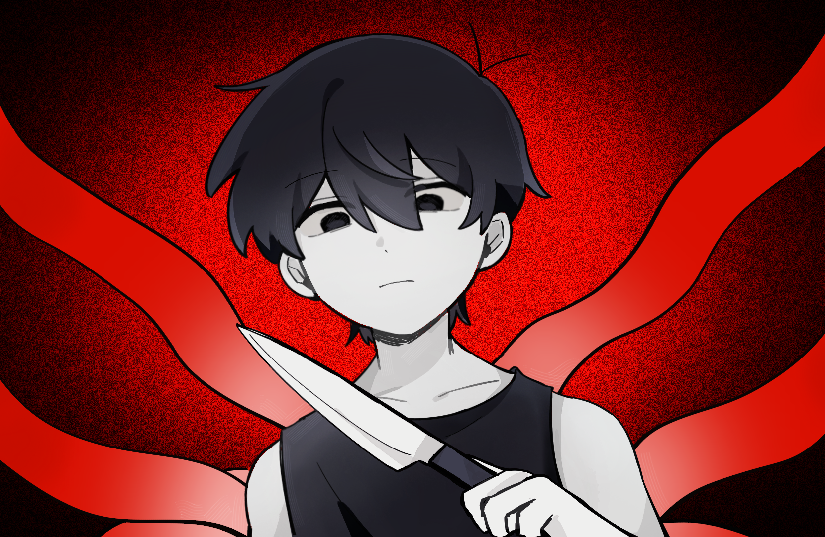 gongs0313, omori (omori), omori, chinese commentary, commentary request, highres, 1boy, antenna hair, bare shoulders, black eyes, black hair, black tank top, closed mouth, collarbone, colored skin, double-parted bangs, downturned eyes, empty eyes, frown, hair behind ear, hair between eyes, hand up, holding, holding knife, knife, looking at viewer, male focus, no pupils, red background, scene reference, serious, short hair, simple background, solo, tank top, upper body, very short hair, vignetting, white skin