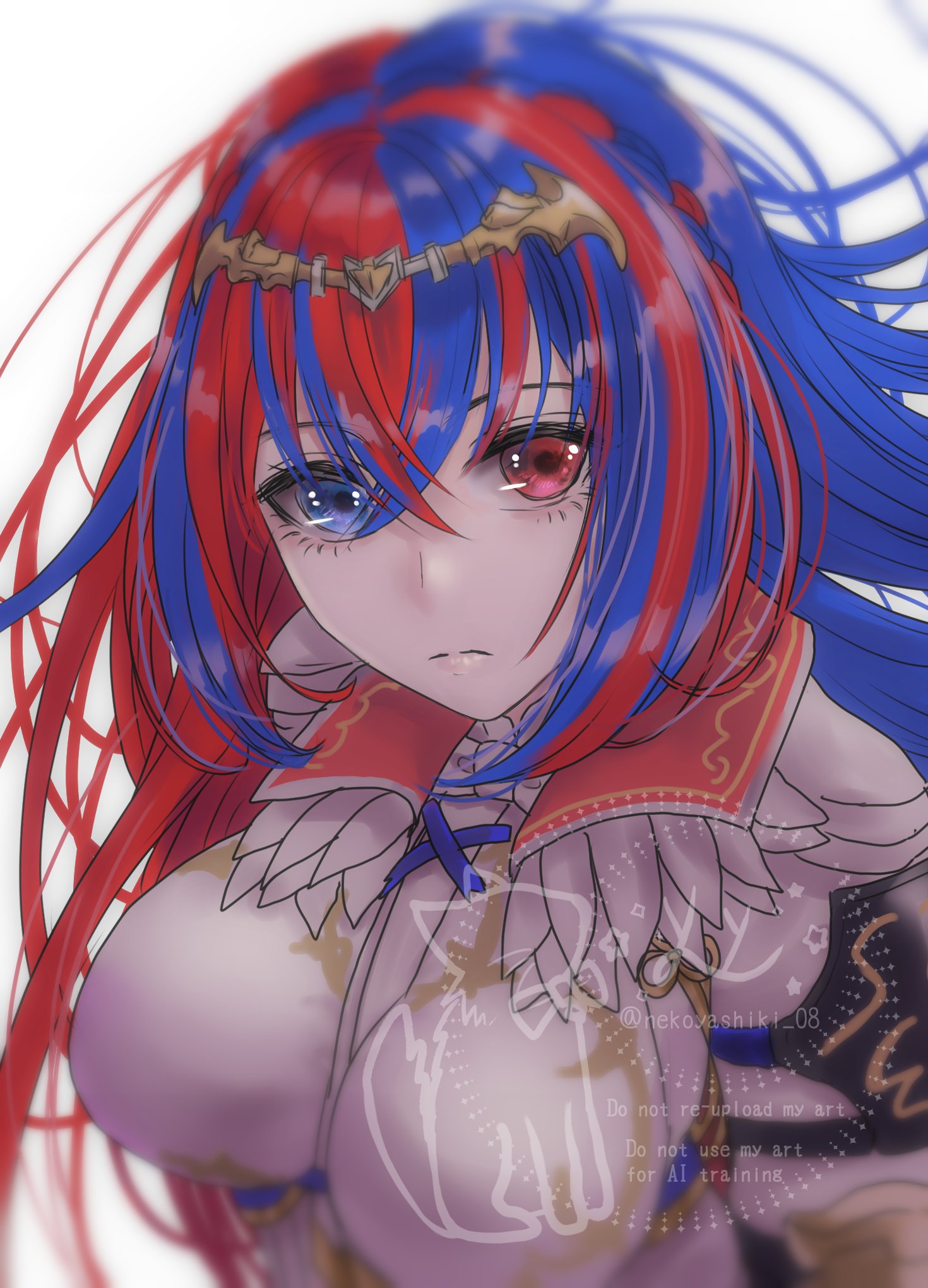 nekoyashiki 08, female alear (awoken divinity) (fire emblem), female alear (fire emblem), fire emblem, fire emblem engage, nintendo, highres, 1girl, blue eyes, blue hair, breasts, crossed bangs, heterochromia, large breasts, long hair, looking at viewer, multicolored hair, red eyes, red hair, solo, split-color hair, two-tone hair, upper body