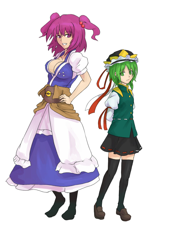 shibasaki shouji, onozuka komachi, shiki eiki, touhou, bad id, bad pixiv id, 2girls, arms behind back, breasts, cleavage, female focus, green eyes, green hair, hands on own hips, hat, medium breasts, multiple girls, red eyes, red hair, ribbon, short hair, simple background, skirt, small breasts, socks, thighhighs, twintails, two side up, zettai ryouiki