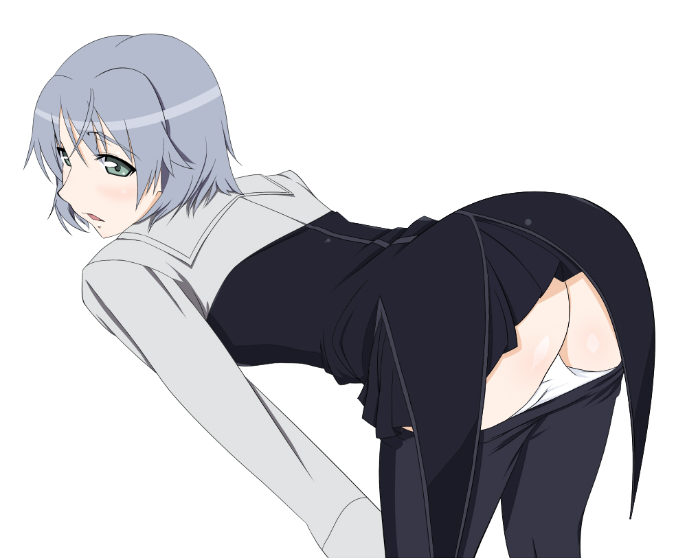 ko-yan, sanya v. litvyak, strike witches, world witches series, silver hair, 00s, 1girl, all fours, ass, bent over, black pantyhose, clothes pull, female focus, green eyes, panties, panty pull, pantyhose, pantyhose pull, parted lips, short hair, solo, underwear, undressing