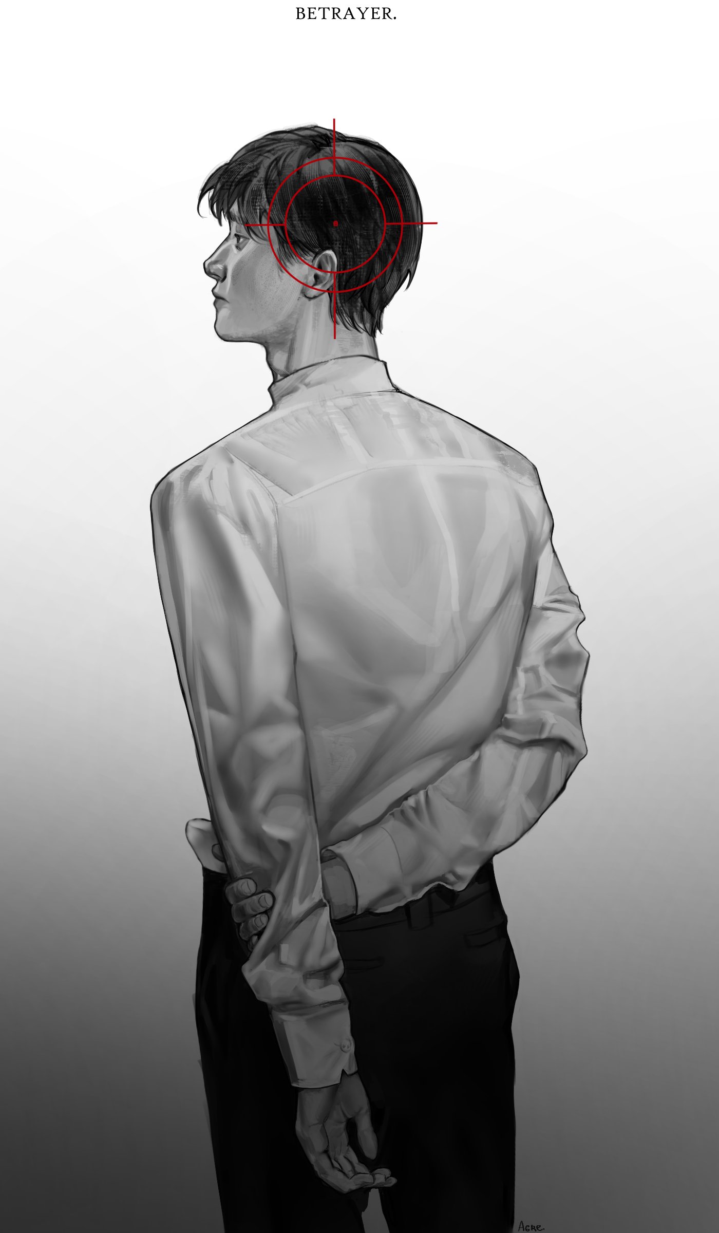 squid game, absurdres, highres, 1boy, agremur, black eyes, black hair, blank stare, cowboy shot, english text, from behind, holding own arm, hwang in-ho, male focus, pov, shirt, short hair, sideburns, simple background, solo, spot color, target, white background, white shirt