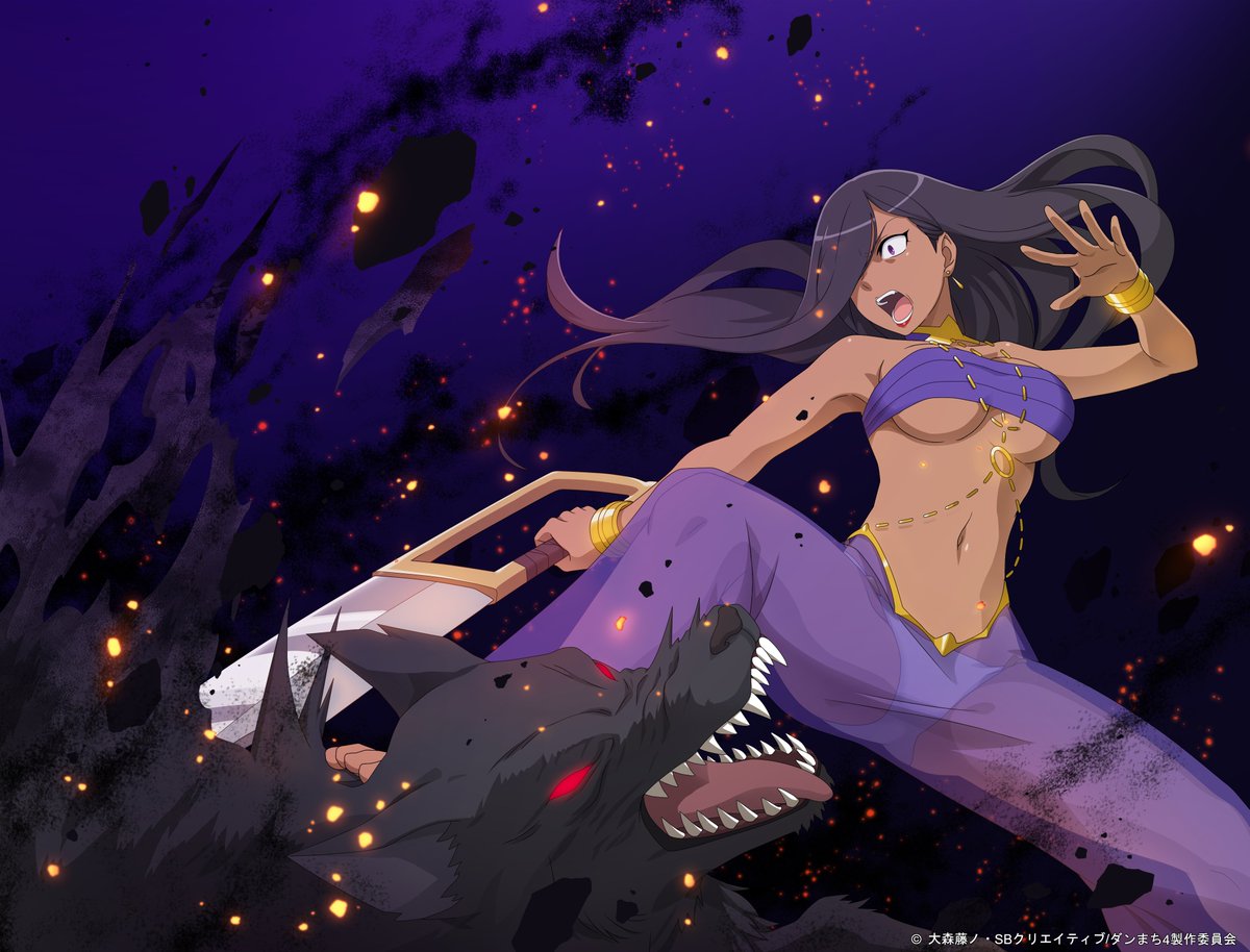 aisha belka, danmachi battle chronicle, dungeon ni deai wo motomeru no wa machigatteiru darou ka, commentary request, official art, second-party source, 1girl, angry, anime coloring, bandeau, bare arms, black hair, bracelet, breasts, constricted pupils, copyright notice, dark-skinned female, dark skin, earrings, gold bracelet, greatsword, hair over one eye, hand up, harem outfit, harem pants, holding, holding sword, holding weapon, jewelry, large breasts, long hair, monster, navel, one eye covered, open mouth, panties, pants, purple background, purple bandeau, purple eyes, purple pants, red lips, see-through clothes, see-through pants, stepped on, stomach, sword, underboob, underwear, weapon, white panties, wolf