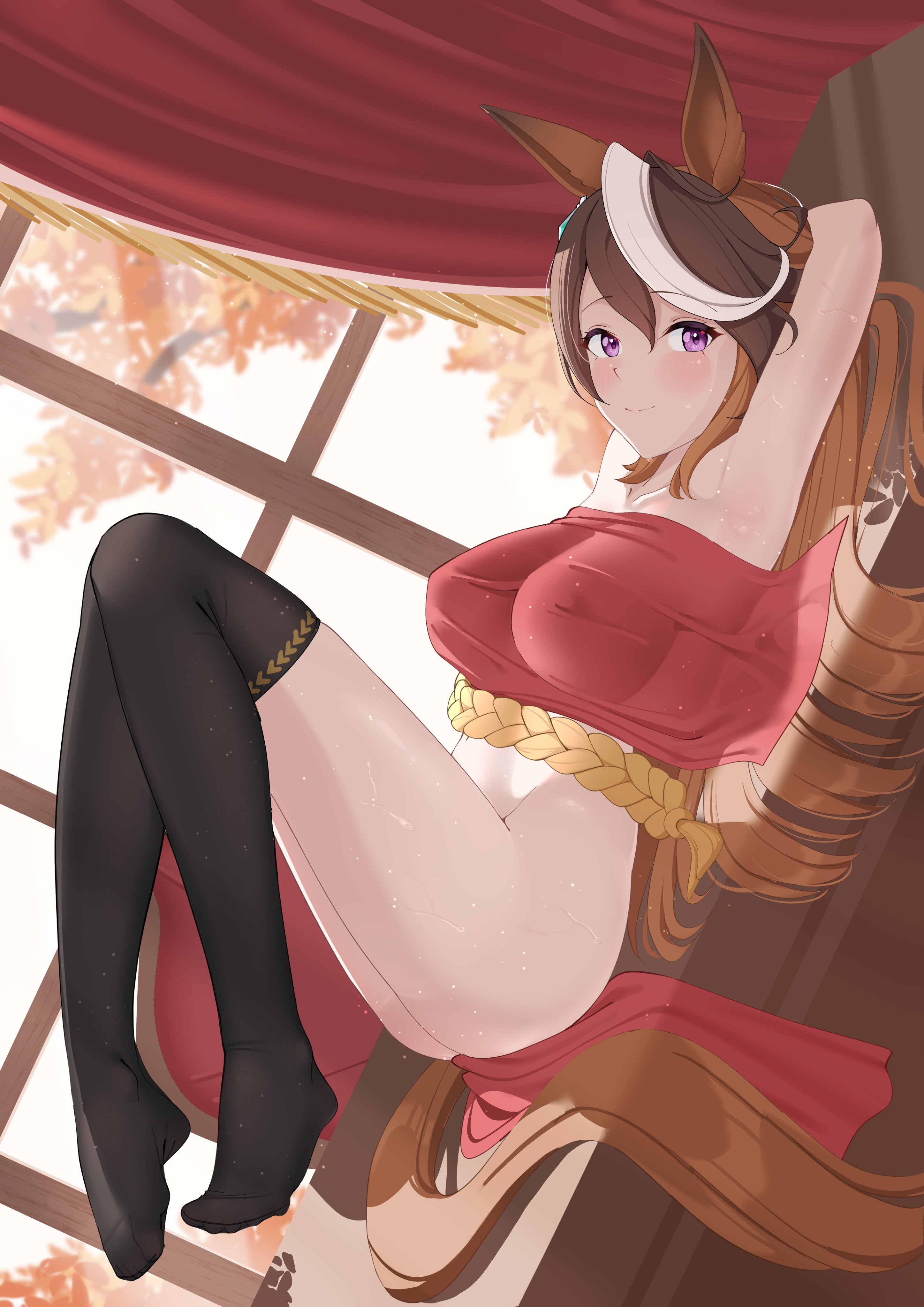 necropoi, symboli rudolf (umamusume), umamusume, absurdres, commentary, commission, english commentary, highres, animal ears, black thighhighs, earrings, horse ears, horse girl, horse tail, jewelry, looking at viewer, multicolored hair, no panties, single earring, smile, streaked hair, tail, thighhighs