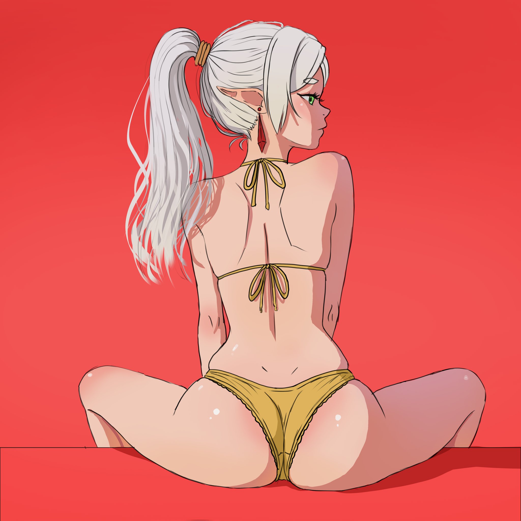 josival, frieren, sousou no frieren, commentary, english commentary, highres, paid reward available, 1girl, anime coloring, ass, back, bikini, closed mouth, earrings, elf, from behind, green eyes, halterneck, high ponytail, jewelry, long hair, looking to the side, pointy ears, ponytail, profile, red background, shoulder blades, simple background, sitting, solo, spread legs, swimsuit, teardrop earrings, thighs, thong bikini, twintails, yellow bikini