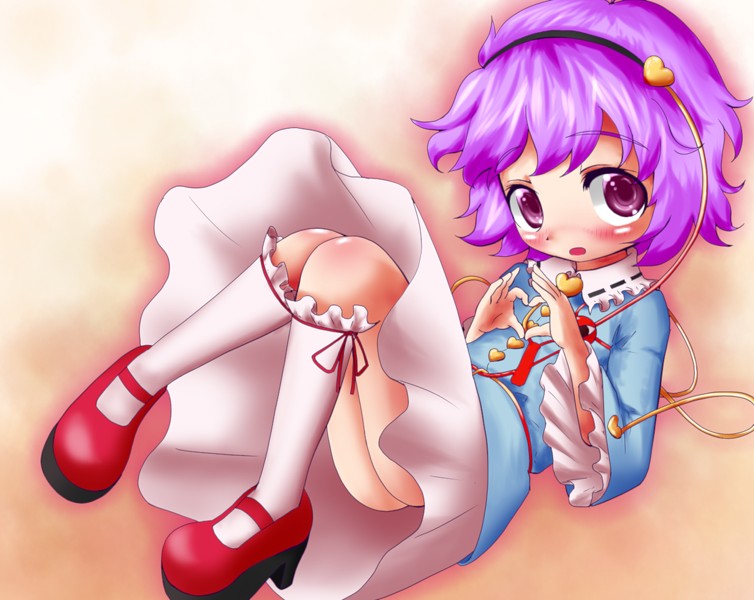kirisaki (gin16k), kirisaki akihito, komeiji satori, touhou, bad id, bad pixiv id, 1girl, ass, blush, female focus, gradient background, hairband, mary janes, pink hair, purple eyes, red shoes, shoes, skirt, socks, solo, white background, white socks